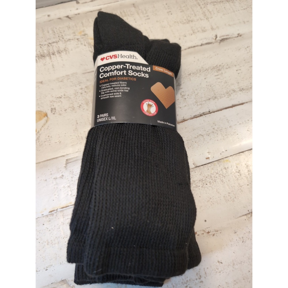 1 Pk. Copper-Treated Comfort Unisex Crew Socks Size L/XL Black 3 pairs (K23)